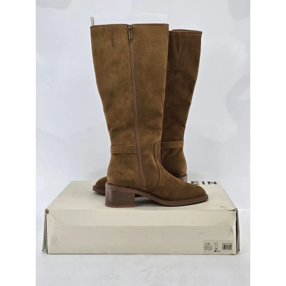 Anne Klein Akanessa Knee High Boots Women 11 Tan Suede Block Heel - New
